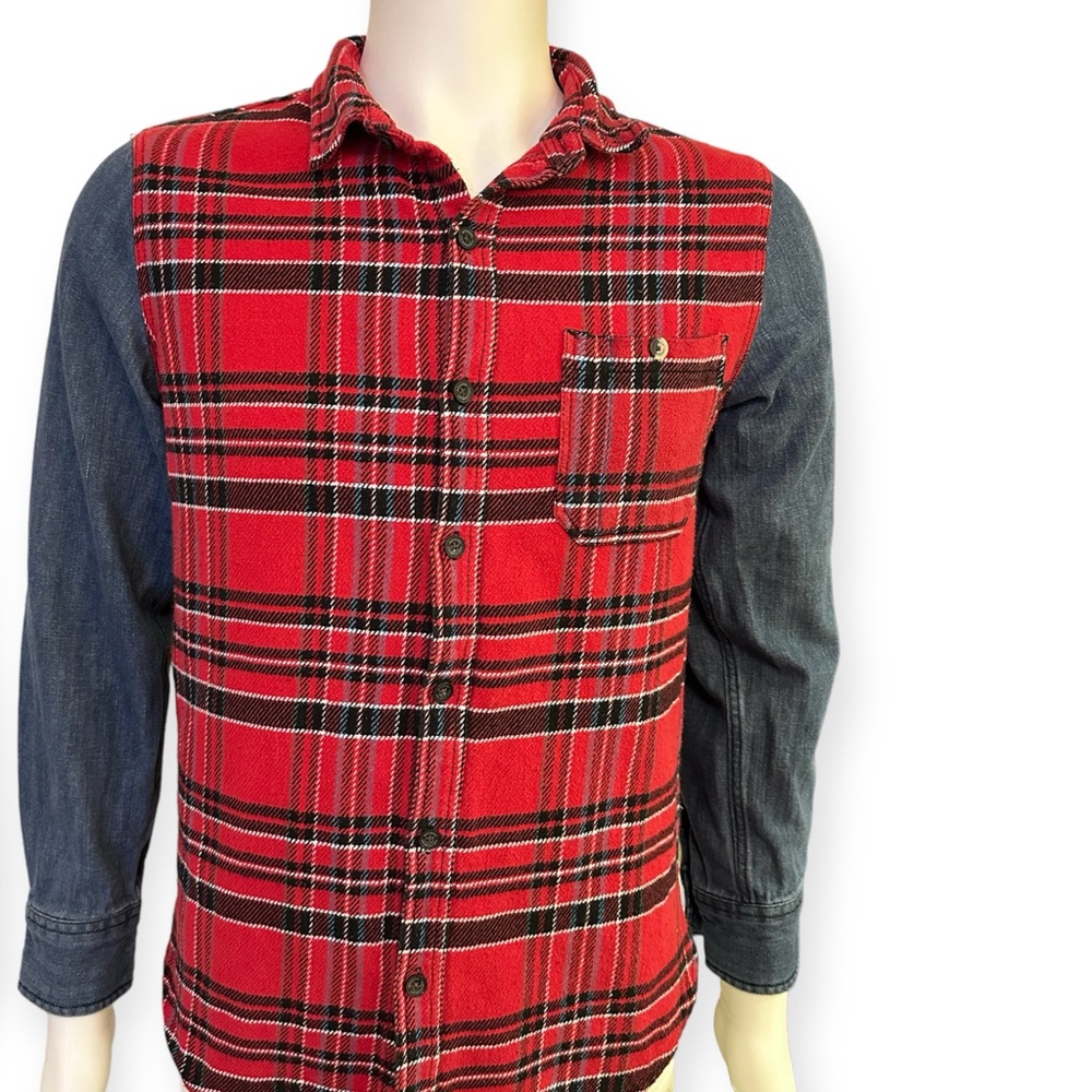 Modern Amusement Mens Red Plaid Flannel Denim Button Up Longsleeve Shirt